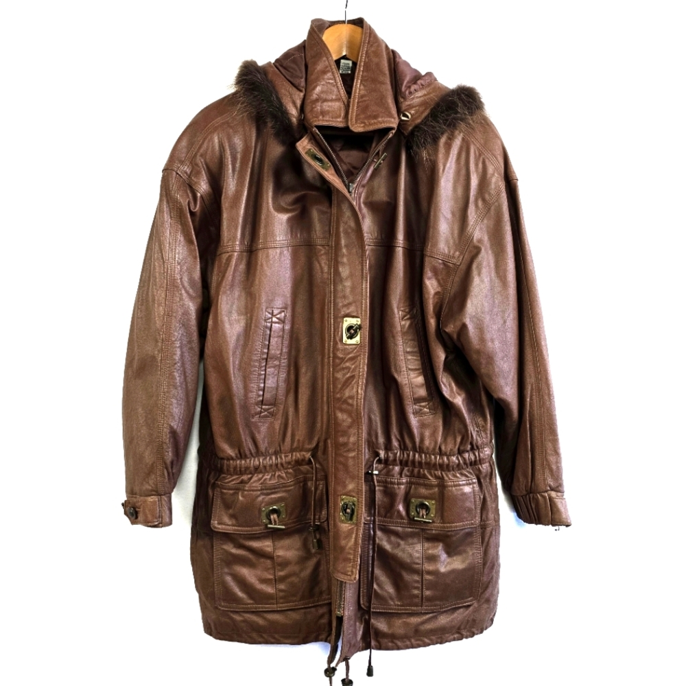 The Original Arizona Jean Co. Vintage Brown Leather/Dyed Racoon Fur Coat Medium